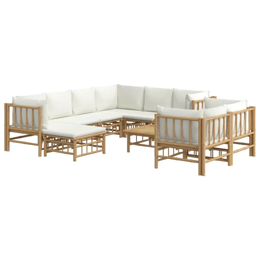 10 Piece Patio Lounge Set with Cream White Cushions Bamboo