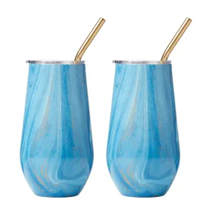 16 Oz Blue Geo Tumblers With Straws, Set Of 2