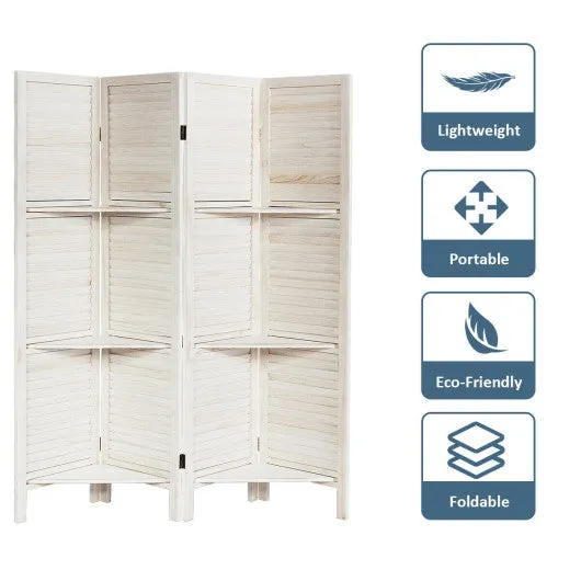 4 Panel Folding Room Divider Screen with 3 Display Shelves-White