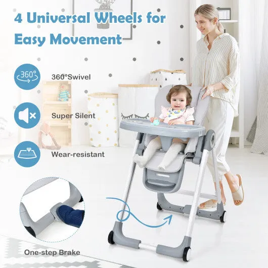 Baby Folding Convertible High Chair with Wheels and Adjustable Height-Gray