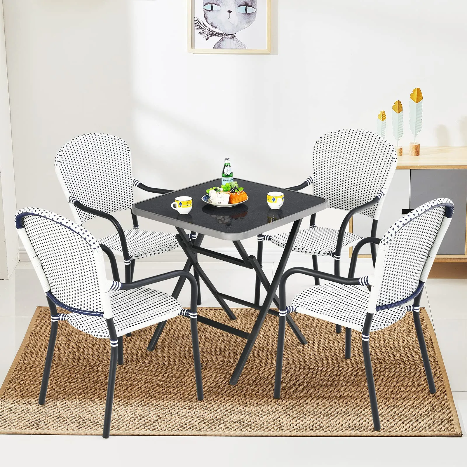 Patio Folding Square Dining Table, 27.5" Rustproof Aluminum Coffee Table w/Tempered Glass Tabletop