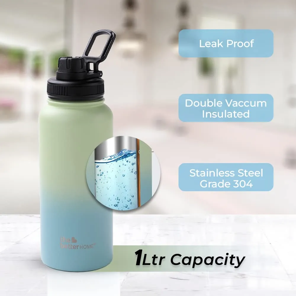 The Better Home Insulated Water Bottle 1 Litre | Double Wall Hot and Cold Water for Home, Gym, Office | Easy to Carry & Store | Insulated Stainless Steel Bottle (Pack of 1, Aquamarine - Lime)